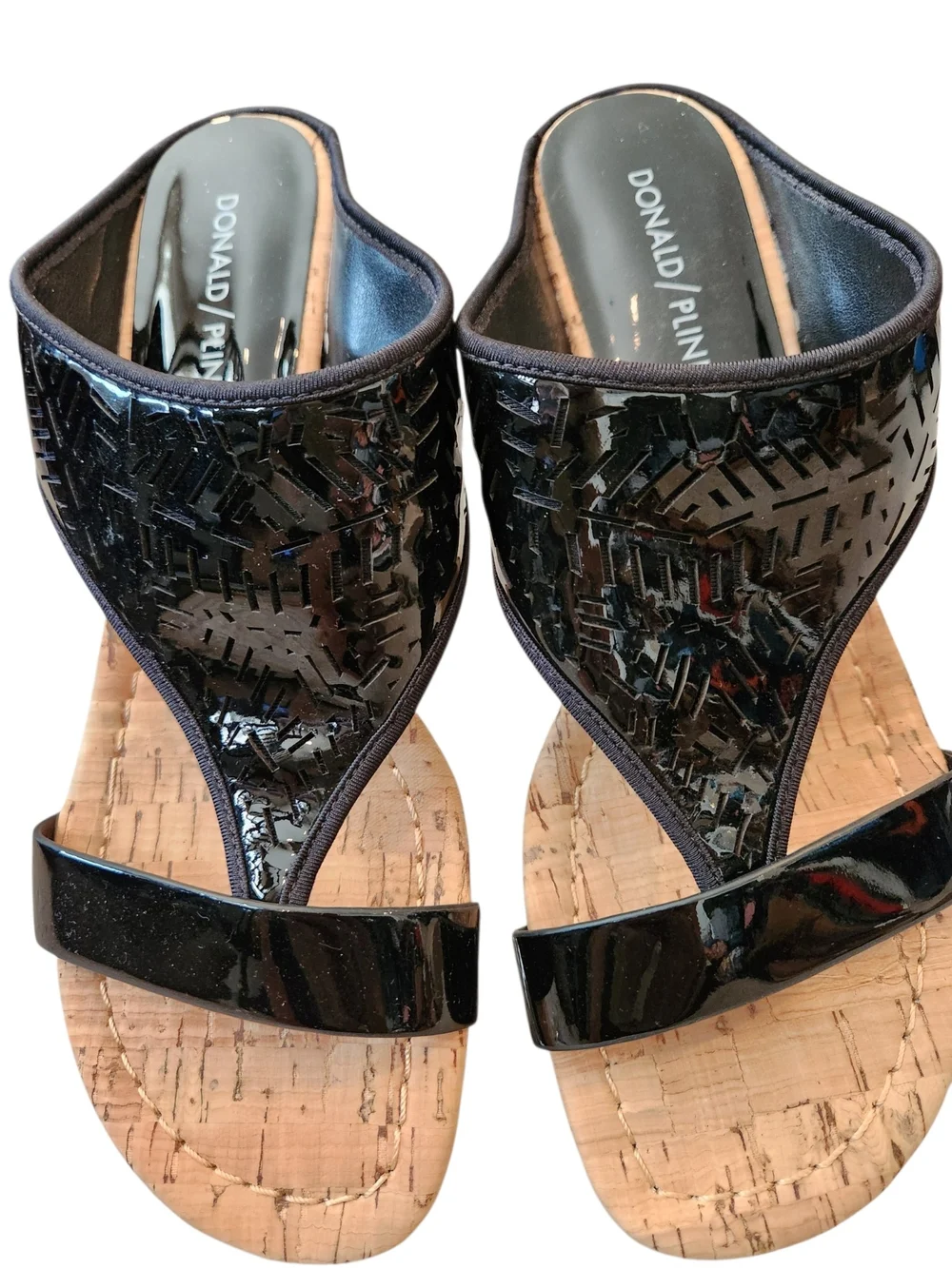 Donald J. Pliner Black Patent Leather/Cork Wedge Sandals Size 7.5M Toe Strap
